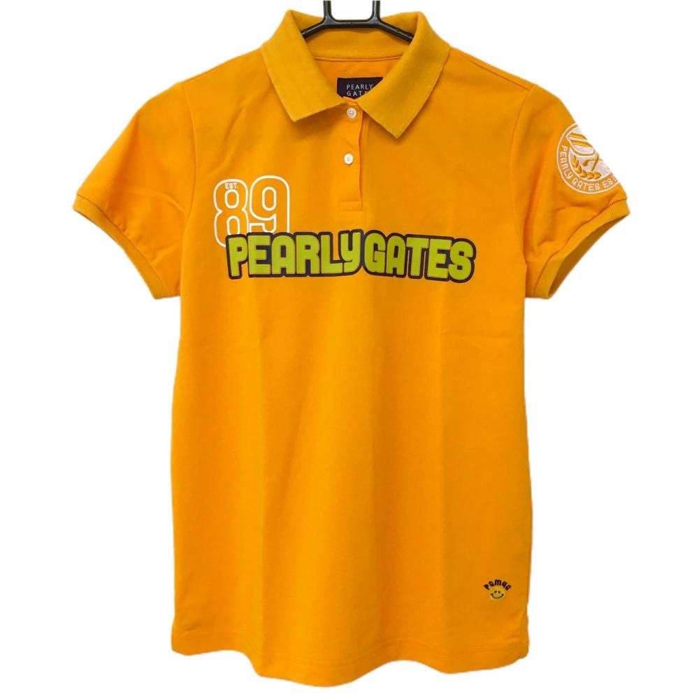 【超美品】パーリーゲイツ 半袖ポロシャツ オレンジ×ライトグリーン フロントロゴ ニコちゃん レディース 1(M) ゴルフウェア PEARLY GATES