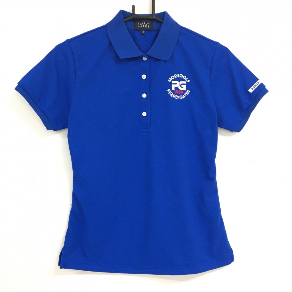 パーリーゲイツ 半袖ポロシャツ ブルー×白 後ビックプリント レディース 1(M) ゴルフウェア PEARLY GATES