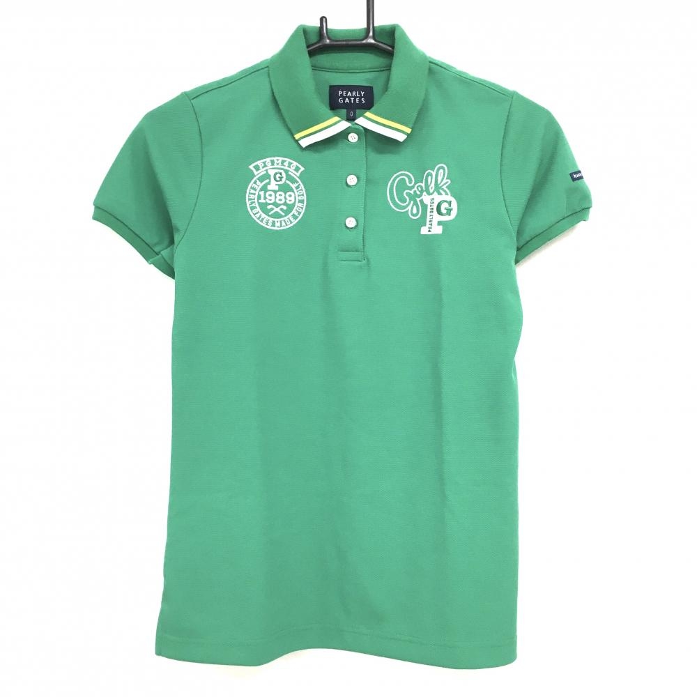 【超美品】パーリーゲイツ 半袖ポロシャツ グリーン×白 ロゴ刺しゅう 日本製 レディース 0(S) ゴルフウェア PEARLY GATES