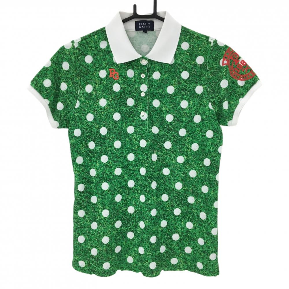 【美品】パーリーゲイツ 半袖ポロシャツ グリーン×白 ドット ゴルフボール柄 レディース 0(S) ゴルフウェア PEARLY GATES