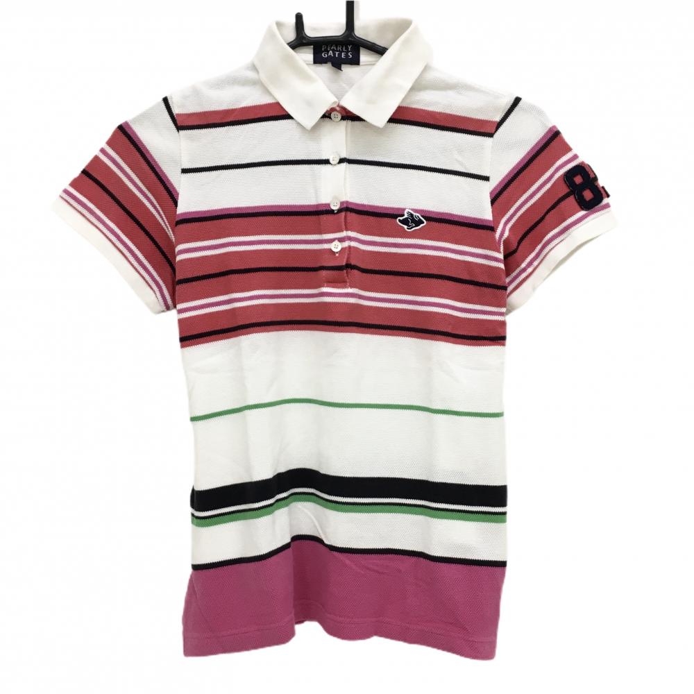 パーリーゲイツ 半袖ポロシャツ 白×レッド ボーダー レディース 1(M) ゴルフウェア PEARLY GATES