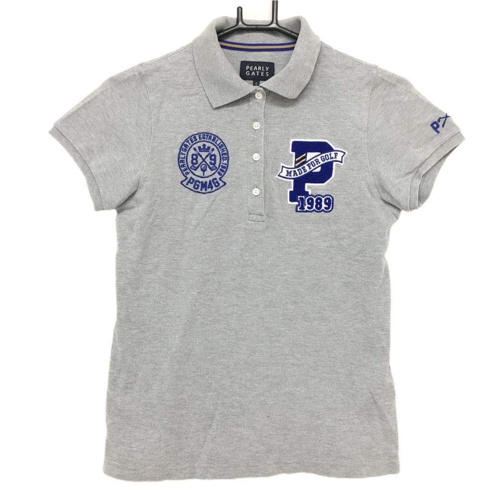 【美品】パーリーゲイツ 半袖ポロシャツ グレー×ブルー コットン100％ パイル地ロゴ レディース 0(S) ゴルフウェア PEARLY GATES