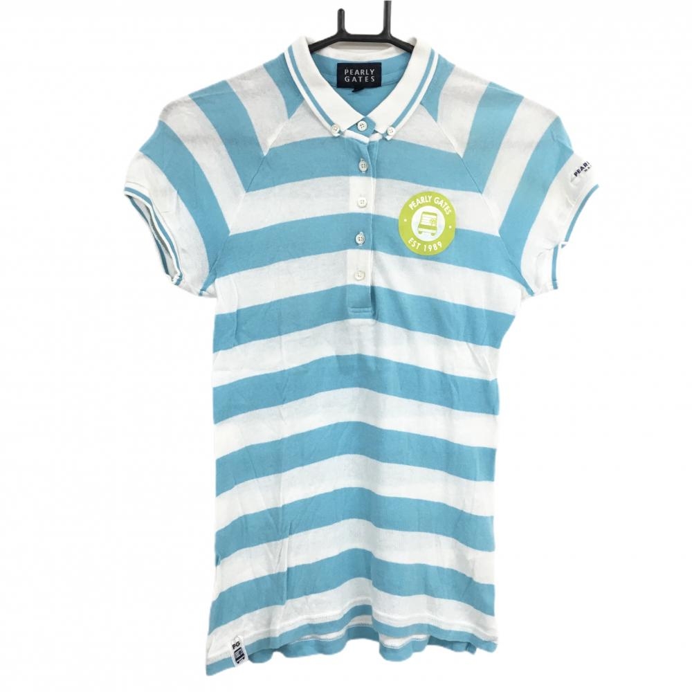 パーリーゲイツ ニット半袖ポロシャツ 白×ライトブルー ボーダー レディース 0(S) ゴルフウェア PEARLY GATES
