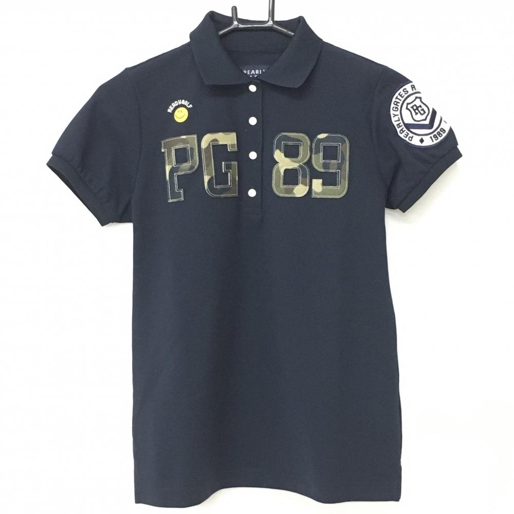 【美品】パーリーゲイツ 半袖ポロシャツ ネイビー ニコちゃん ロゴカモフラ スマイル  レディース 0(S) ゴルフウェア PEARLY GATES