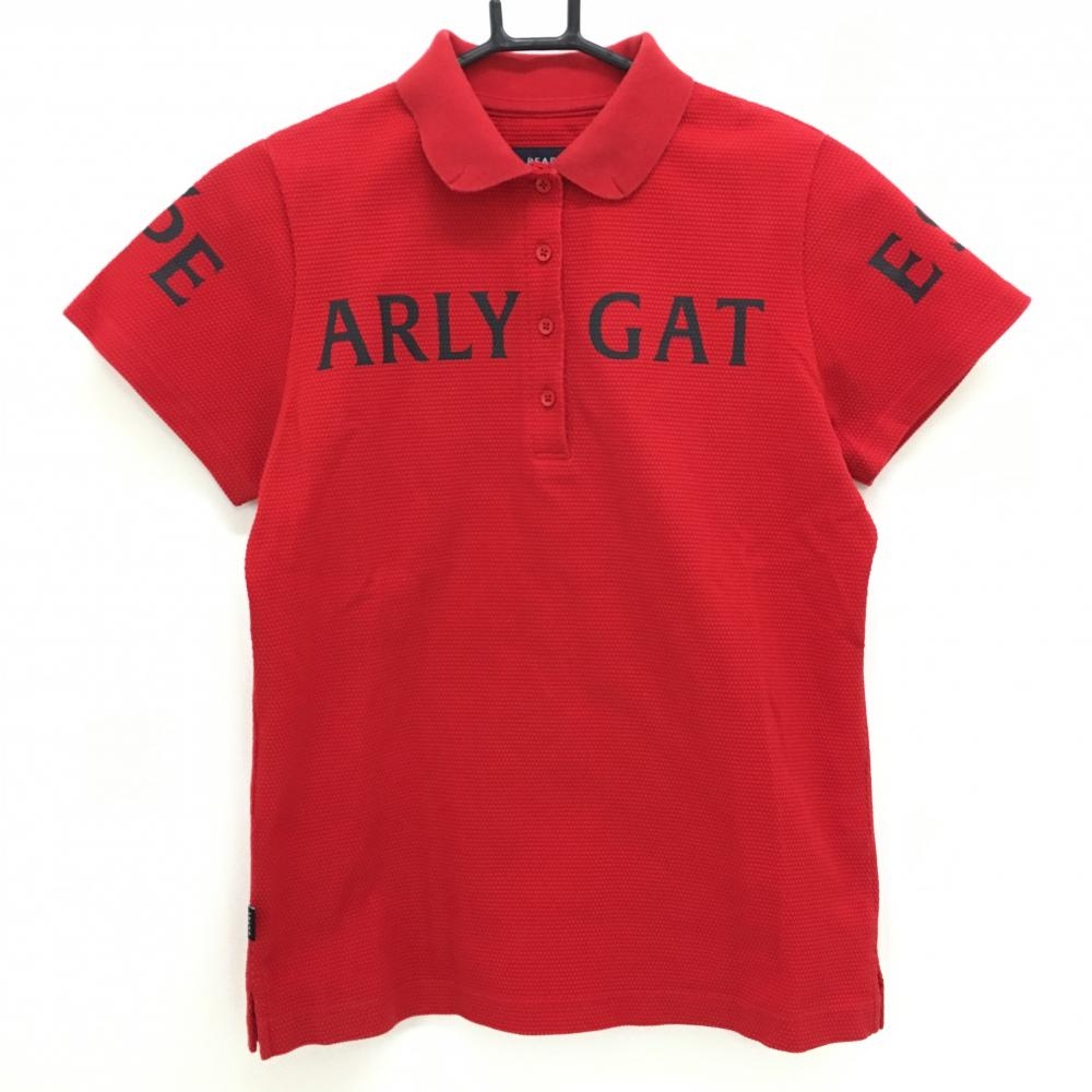 【美品】パーリーゲイツ 半袖ポロシャツ レッド×黒 織生地 ビッグロゴ レディース 1(M) ゴルフウェア 2022年モデル PEARLY GATES