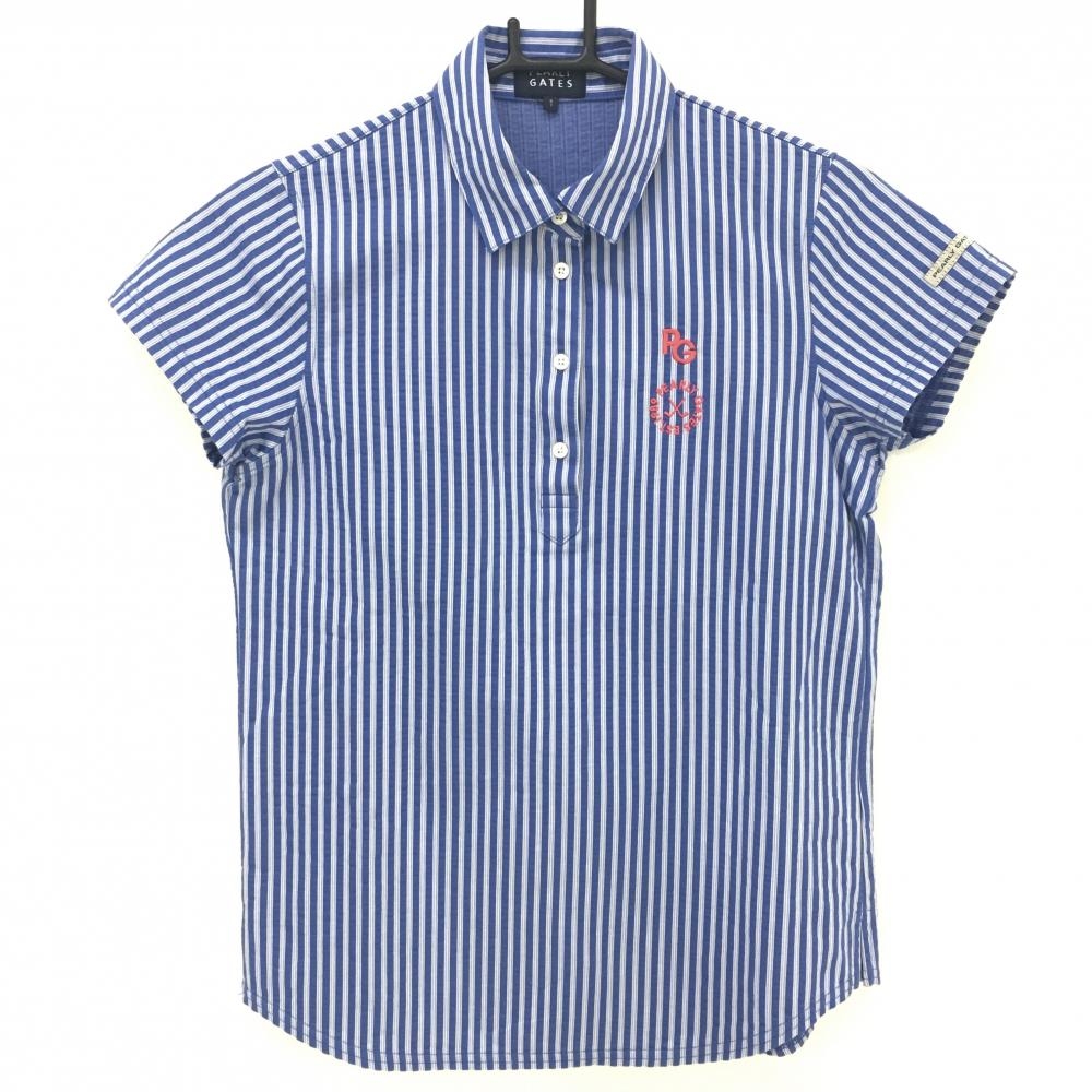 【超美品】パーリーゲイツ 半袖ポロシャツ ブルー×白 ストライプ サッカー生地 レディース 1(M) ゴルフウェア 2023年モデル PEARLY GATES