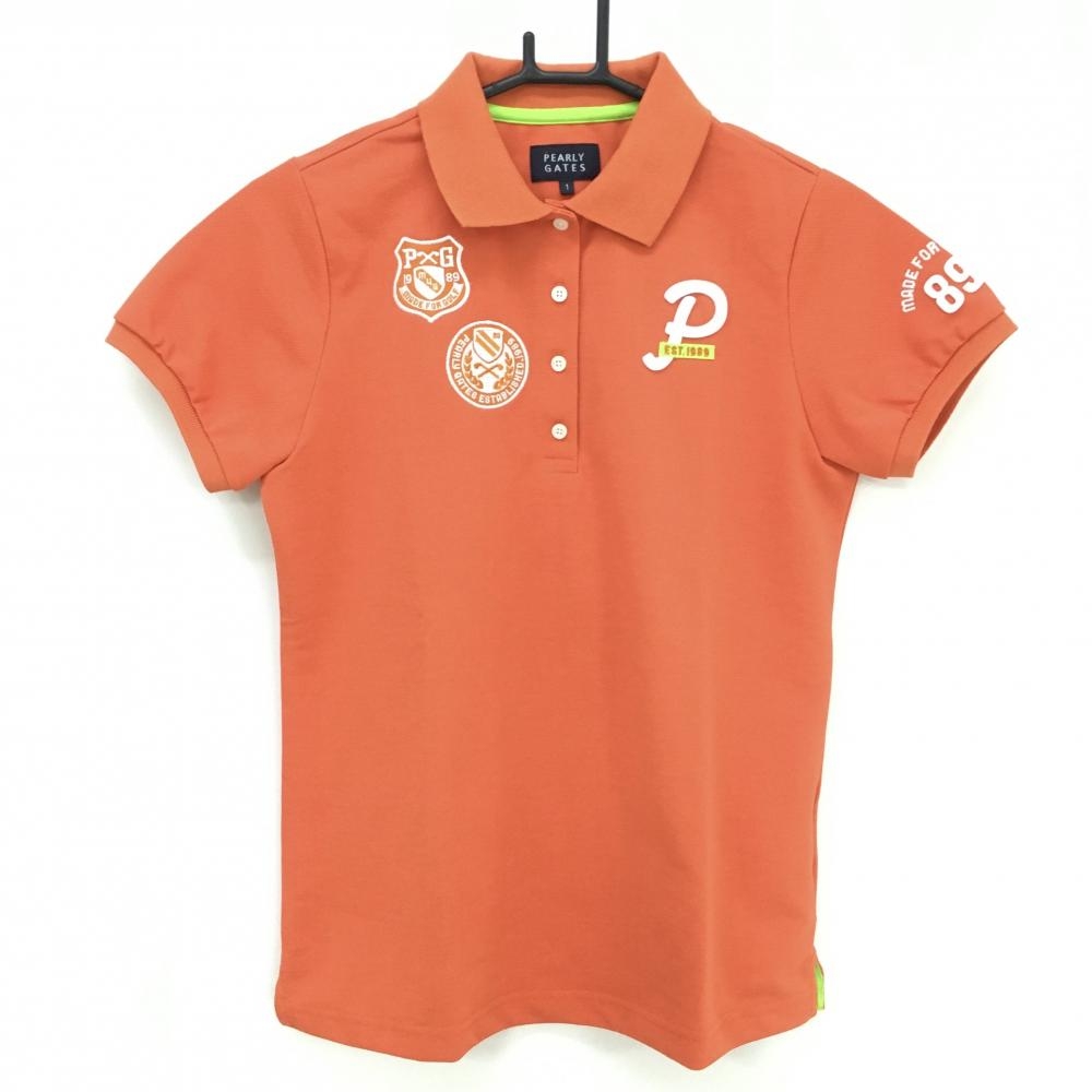 【超美品】パーリーゲイツ 半袖ポロシャツ オレンジ×白 複数ワッペン 襟裏ライン  レディース 1(M) ゴルフウェア PEARLY GATES