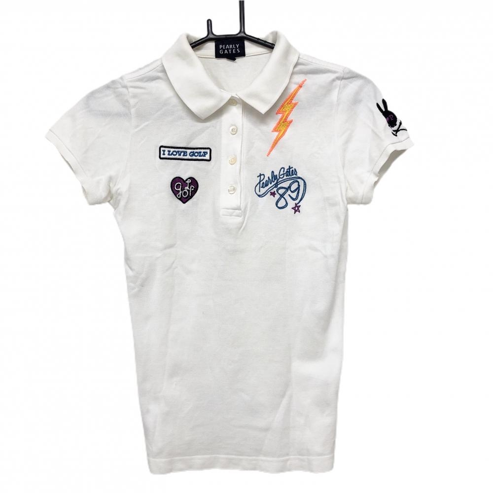 パーリーゲイツ 半袖ポロシャツ 白 ワッペン レディース 2(L) ゴルフウェア PEARLY GATES
