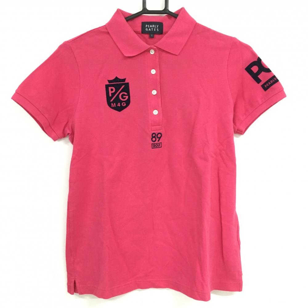 パーリーゲイツ 半袖ポロシャツ レッド×ネイビー フロッキーロゴ レディース 1(M) ゴルフウェア PEARLY GATES