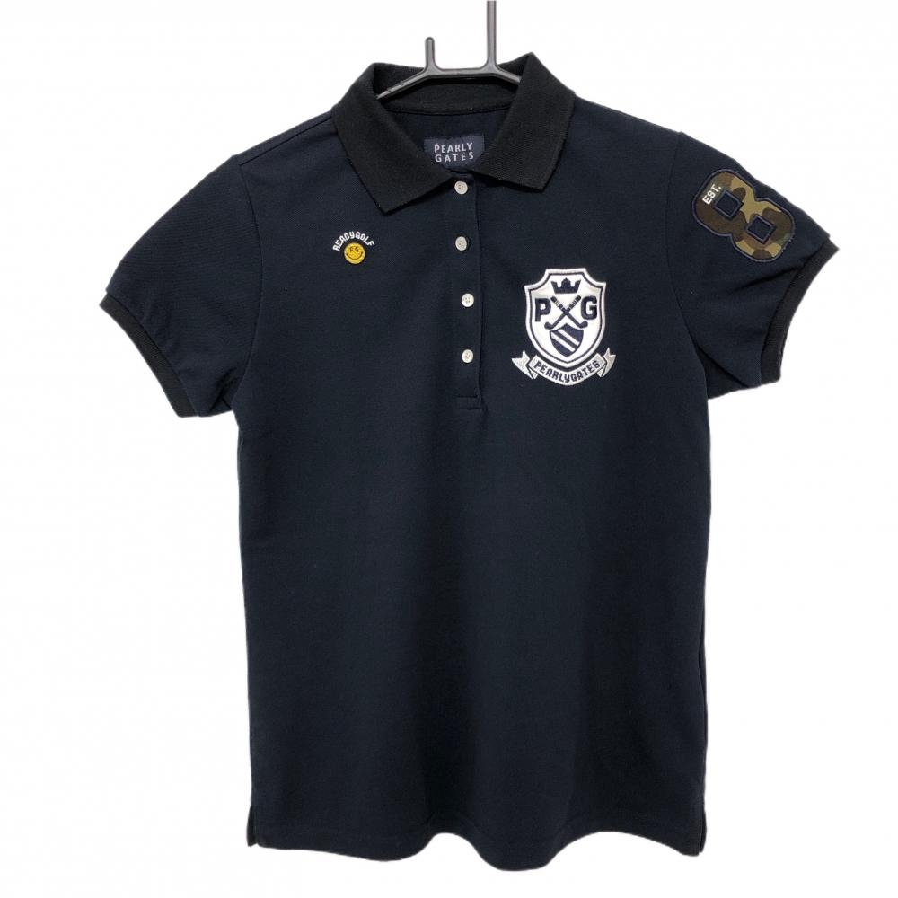 【美品】パーリーゲイツ 半袖ポロシャツ ネイビー×白 ニコちゃん スマイル レディース 0(S) ゴルフウェア PEARLY GATES