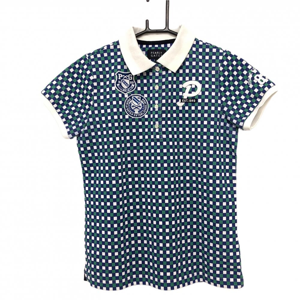 パーリーゲイツ 半袖ポロシャツ ネイビー×グリーン ブロックチェック  レディース 0(S) ゴルフウェア PEARLY GATES