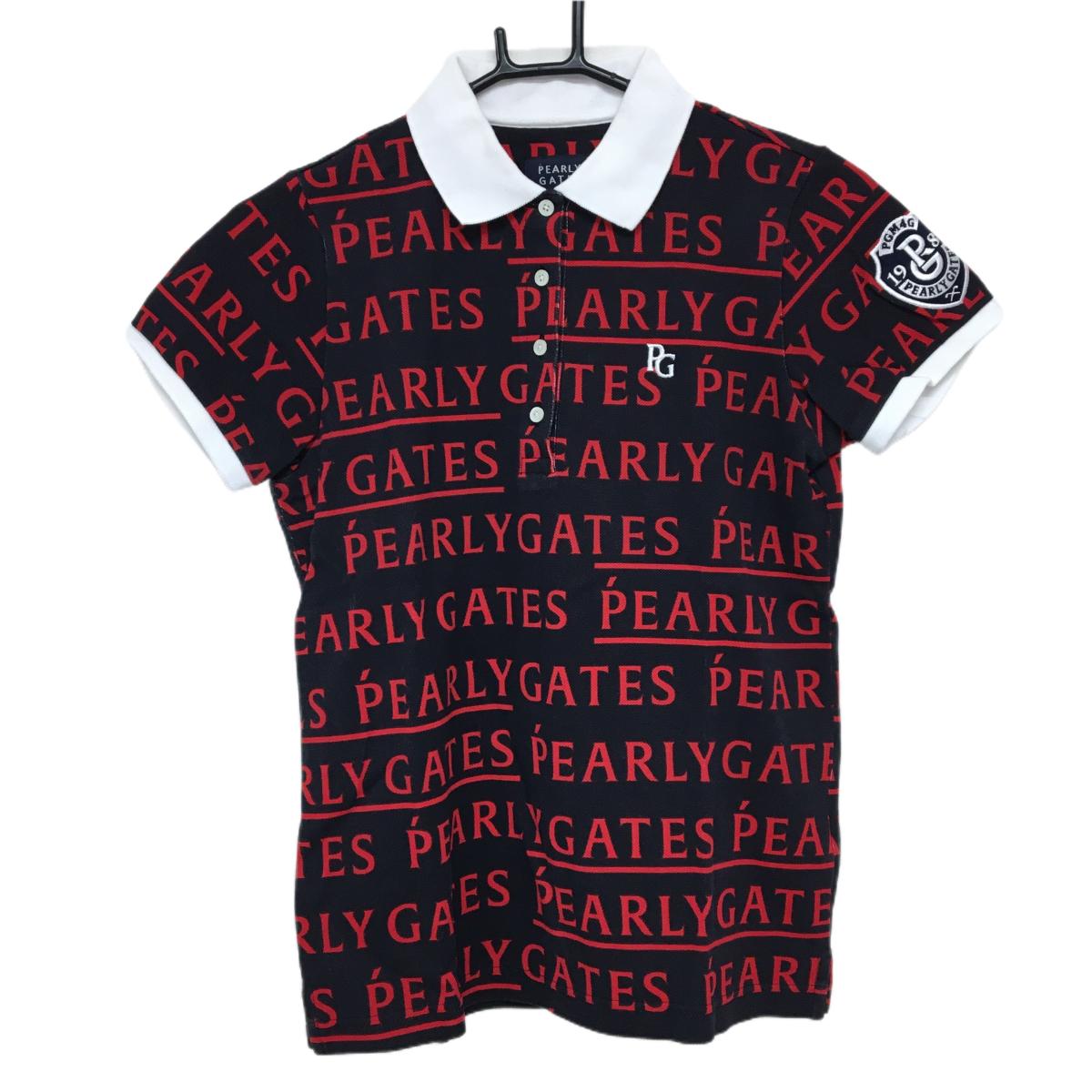 パーリーゲイツ 半袖ポロシャツ ネイビー×レッド ロゴ総柄  レディース 0(S) ゴルフウェア PEARLY GATES