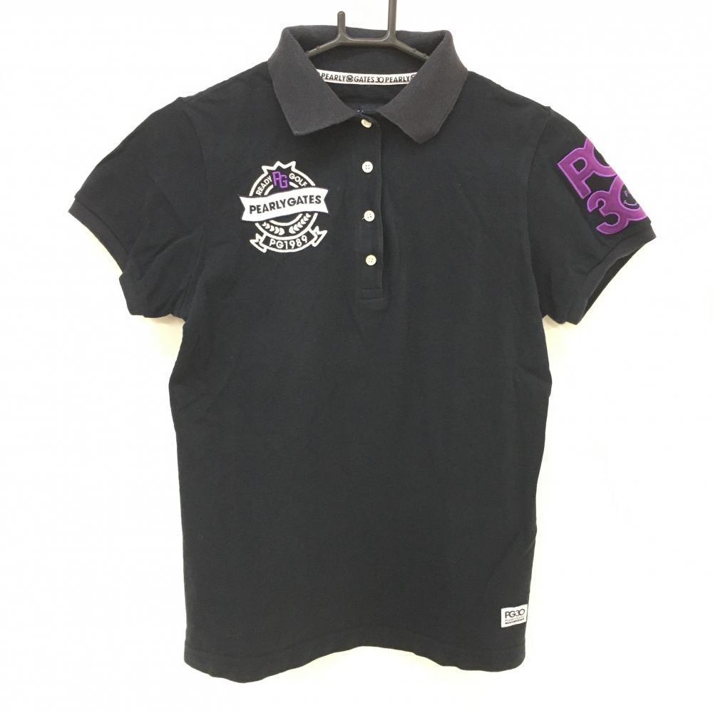 パーリーゲイツ 半袖ポロシャツ ネイビー×白 30周年 襟裏ロゴ 胸・袖ワッペン レディース 1(M) ゴルフウェア PEARLY GATES