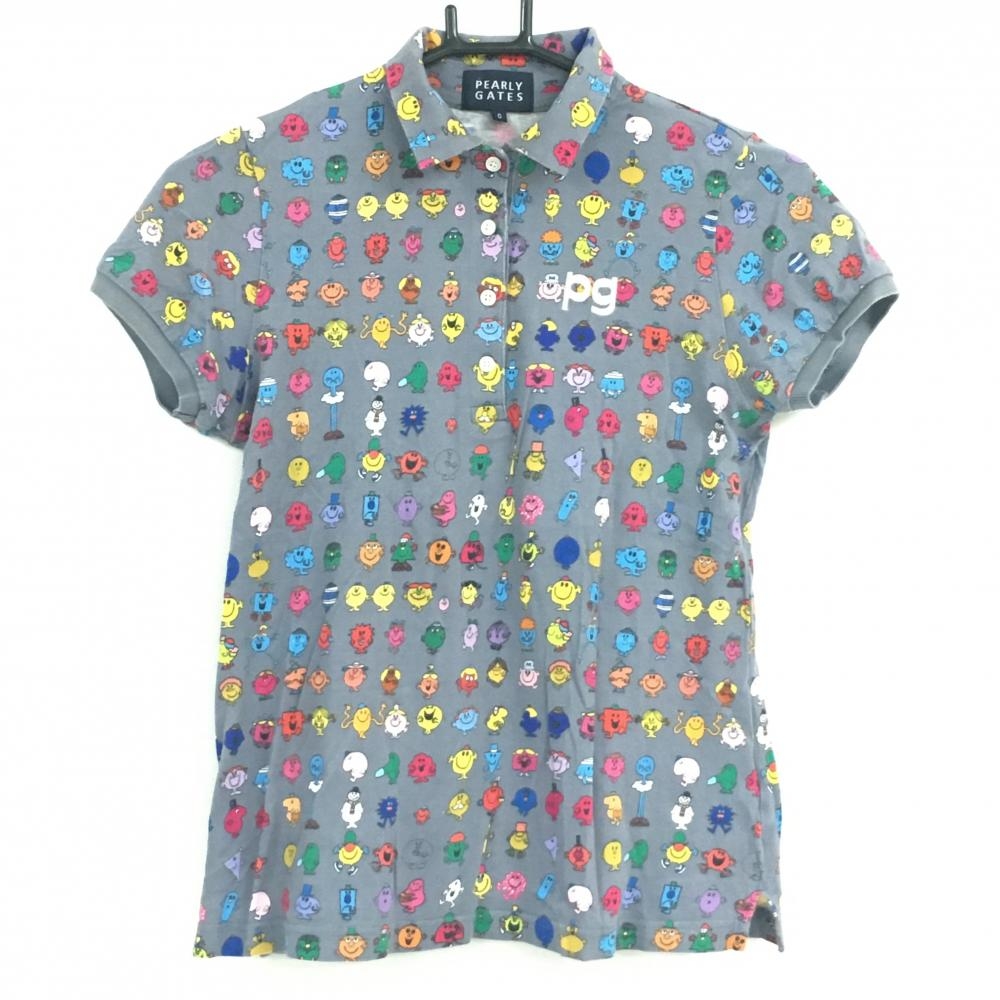 【美品】パーリーゲイツ×MR.MENLITTLEMISS 半袖ポロシャツ グレー×マルチカラー 総柄 レディース 0(S) ゴルフウェア PEARLY GATES