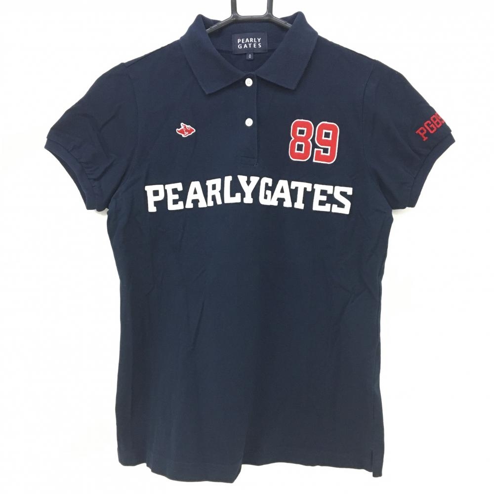 パーリーゲイツ 半袖ポロシャツ ネイビー×白 襟裏プリント フェルトロゴワッペン レディース 0(S) ゴルフウェア PEARLY GATES