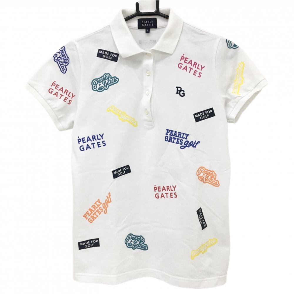 パーリーゲイツ 半袖ポロシャツ 白×マルチカラー ロゴ総柄 レディース 1(M) ゴルフウェア PEARLY GATES