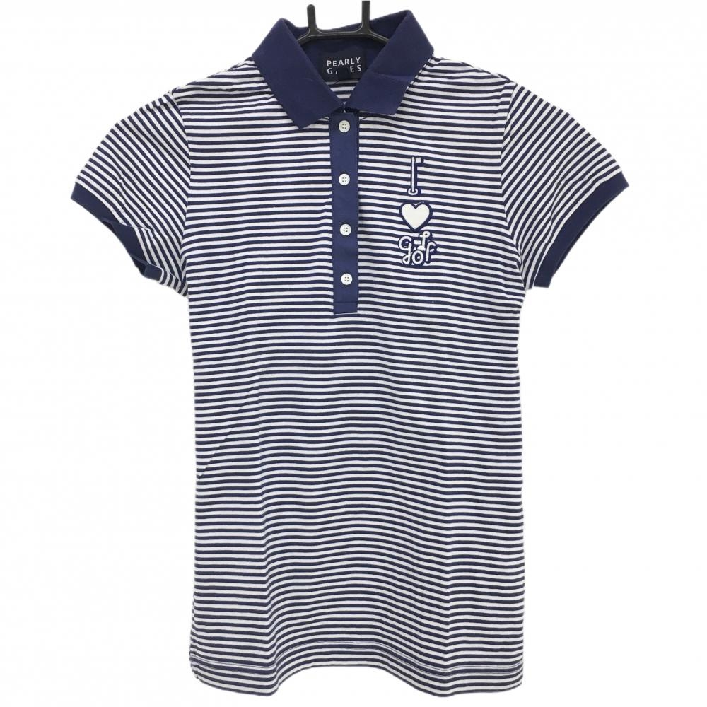パーリーゲイツ 半袖ポロシャツ ネイビー×白 ボーダー レディース 0(S) ゴルフウェア PEARLY GATES