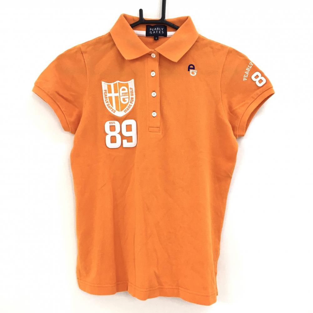 【美品】パーリーゲイツ 半袖ポロシャツ オレンジ×白 襟裏ロゴ フェルトワッペン レディース 0(S) ゴルフウェア PEARLY GATES
