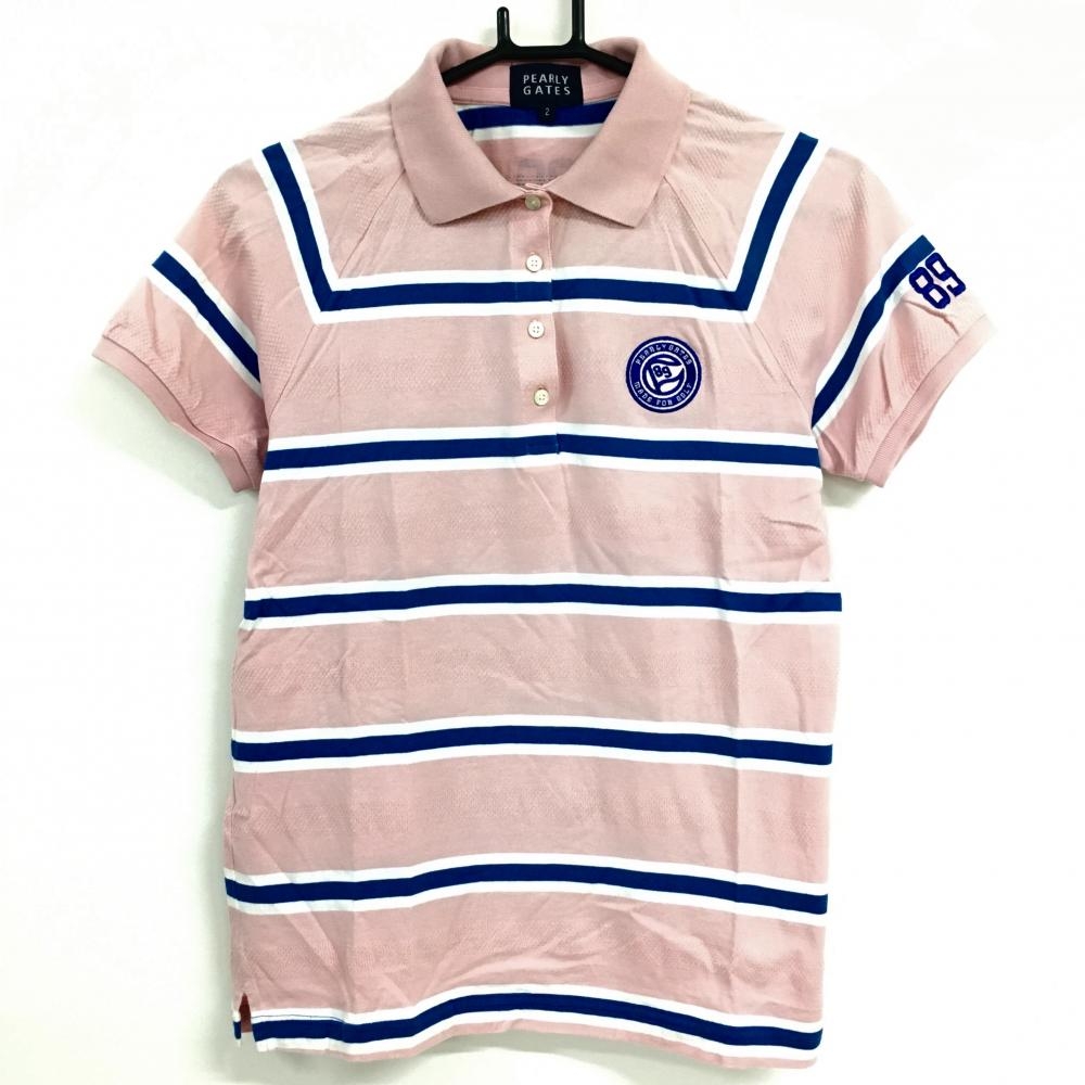 パーリーゲイツ 半袖ポロシャツ ピンク×ブルー ボーダー レディース 2(L) ゴルフウェア PEARLY GATES