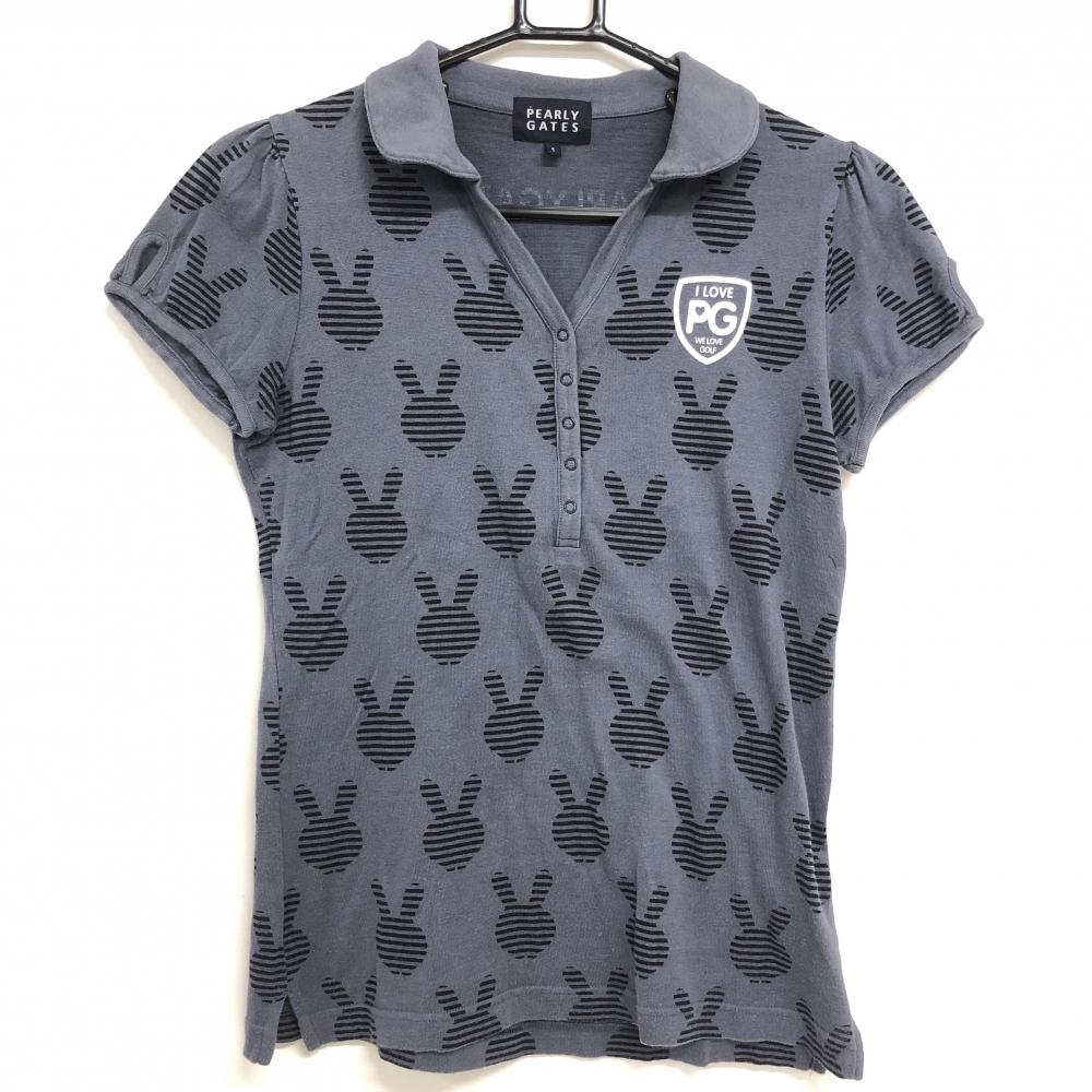 パーリーゲイツ 半袖ポロシャツ グレー×黒 ボーダーラビット総柄 レディース 1(M) ゴルフウェア PEARLY GATES