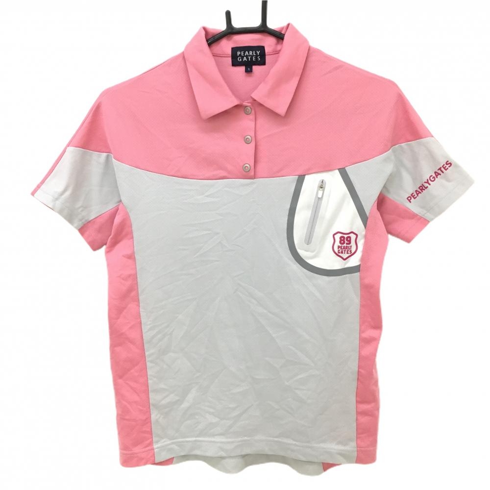 【超美品】パーリーゲイツ 半袖ポロシャツ ピンク×ライトグレー スナップボタン 胸ポケット付 レディース 1(M) ゴルフウェア PEARLY GATES