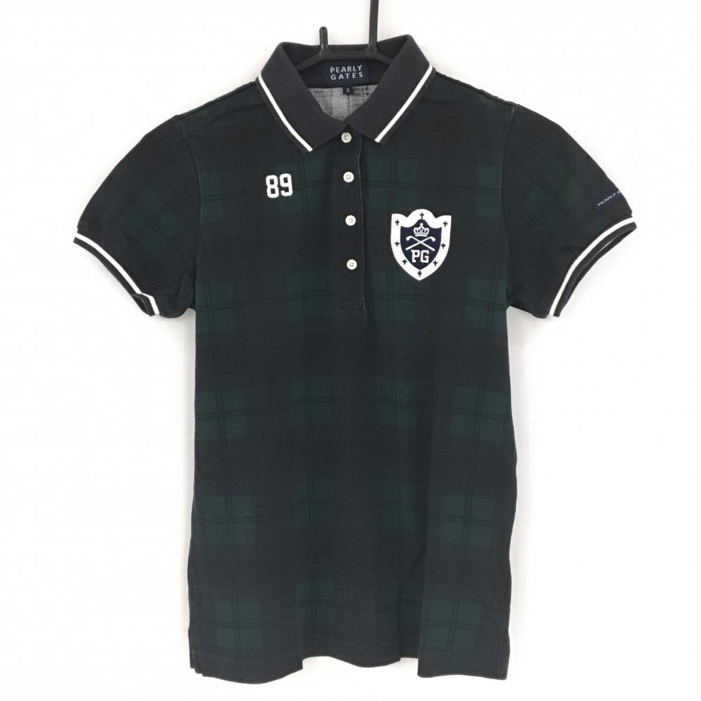 パーリーゲイツ 半袖ポロシャツ グリーン×黒 チェック ブラックウォッチ バックナンバー  レディース 0(S) ゴルフウェア PEARLY GATES