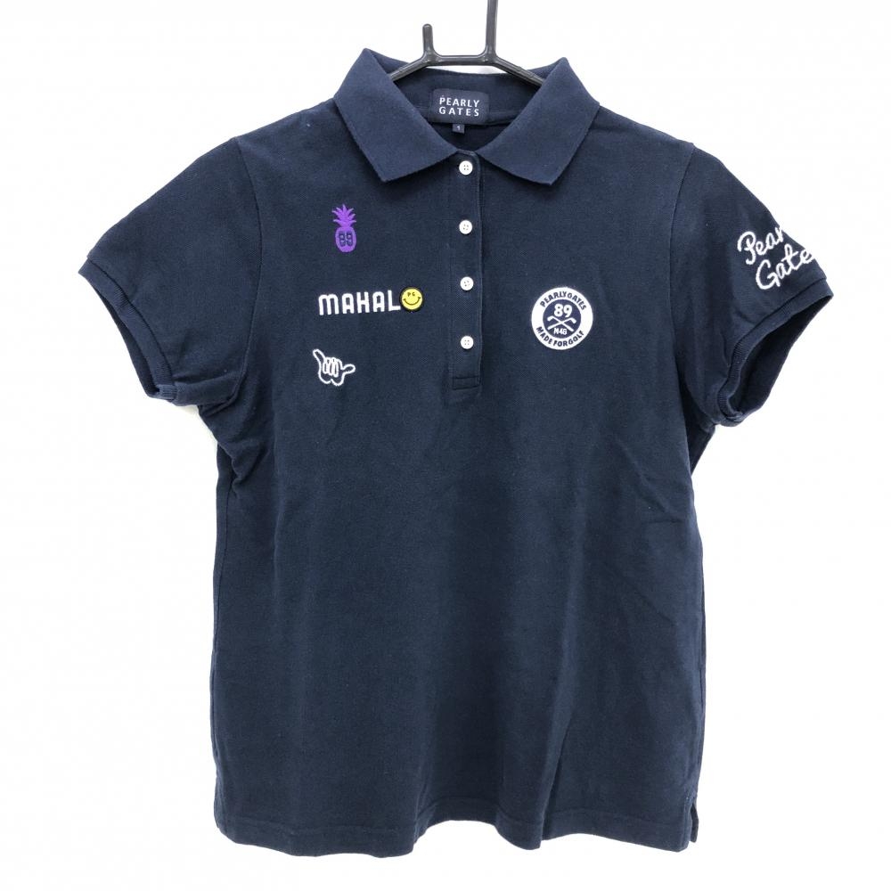 パーリーゲイツ 半袖ポロシャツ ネイビー×白 ニコちゃん スマイル コットン100％ レディース 1(M) ゴルフウェア PEARLY GATES