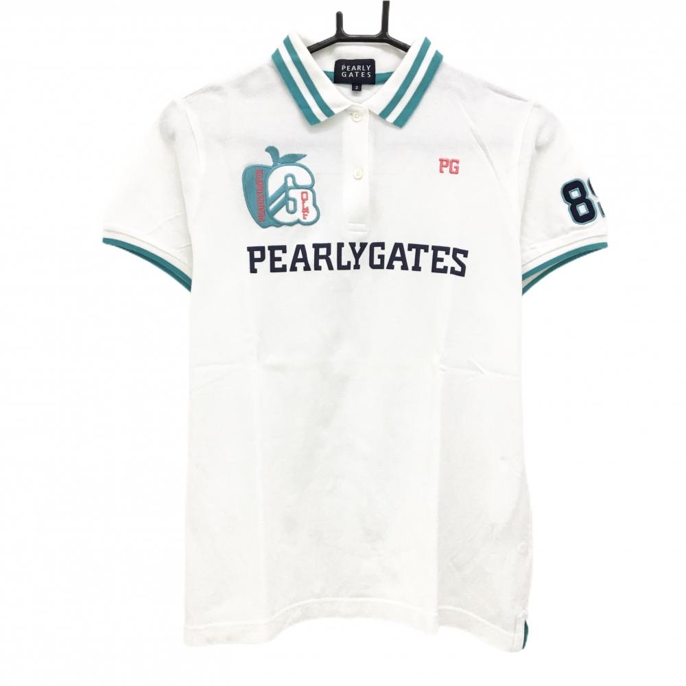 パーリーゲイツ 半袖ポロシャツ 白×グリーン 襟ライン リンゴ刺しゅう  レディース L ゴルフウェア PEARLY GATES