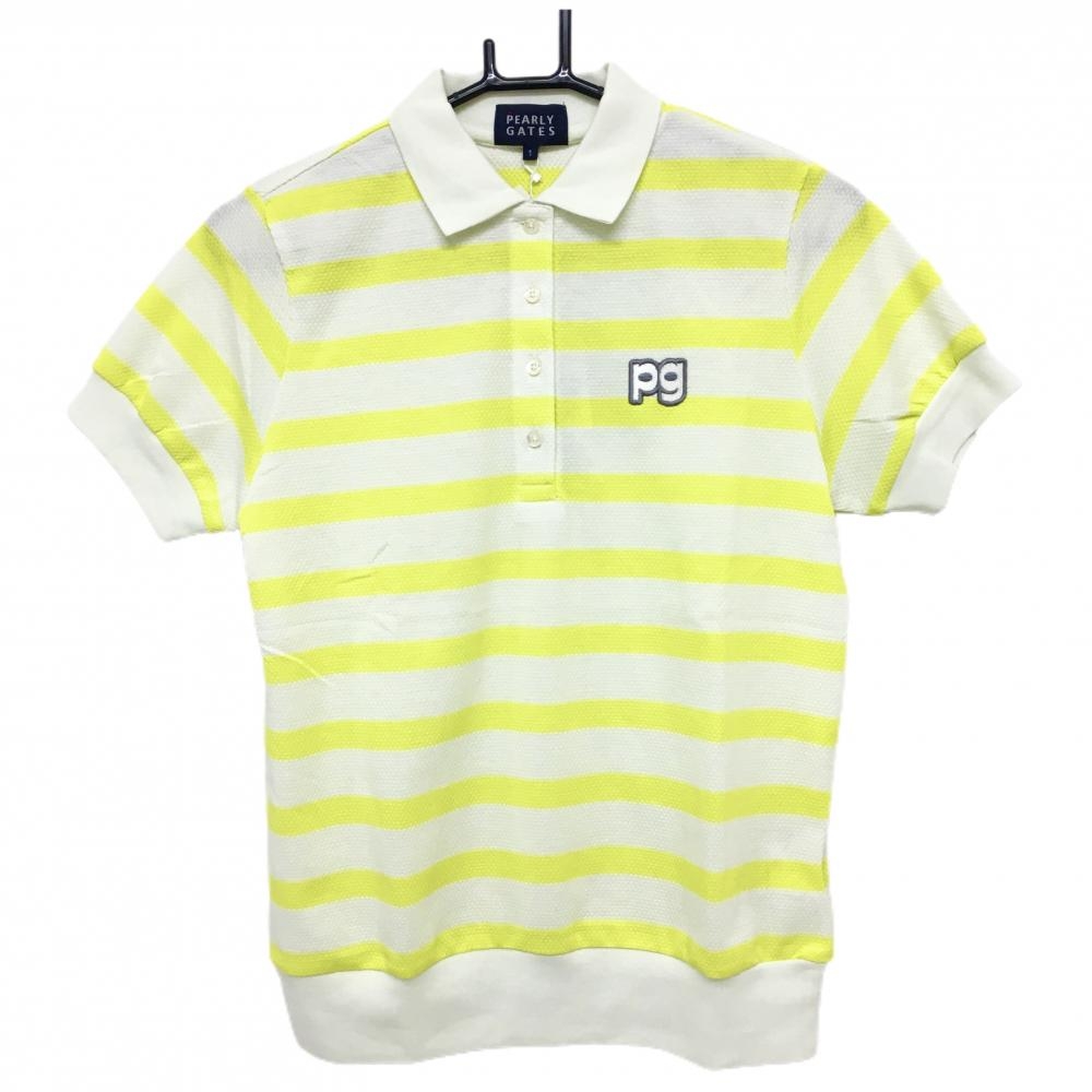 【新品】パーリーゲイツ 半袖ポロシャツ 白×イエロー 織生地 ボーダー レディース 1(M) ゴルフウェア PEARLY GATES