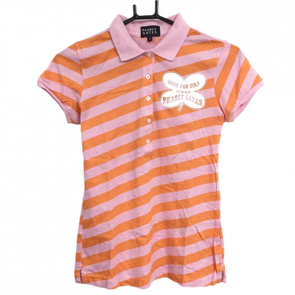パーリーゲイツ 半袖ポロシャツ ピンク×オレンジ 斜めボーダー レディース 0(S) ゴルフウェア PEARLY GATES