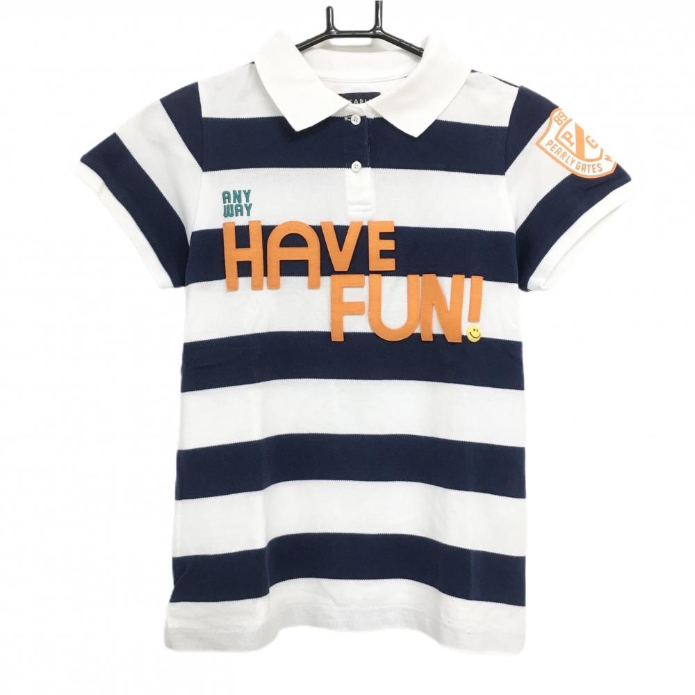 パーリーゲイツ 半袖ポロシャツ 白×ネイビー ボーダー PGニコちゃん フェルト レディース 0(S) ゴルフウェア PEARLY GATES