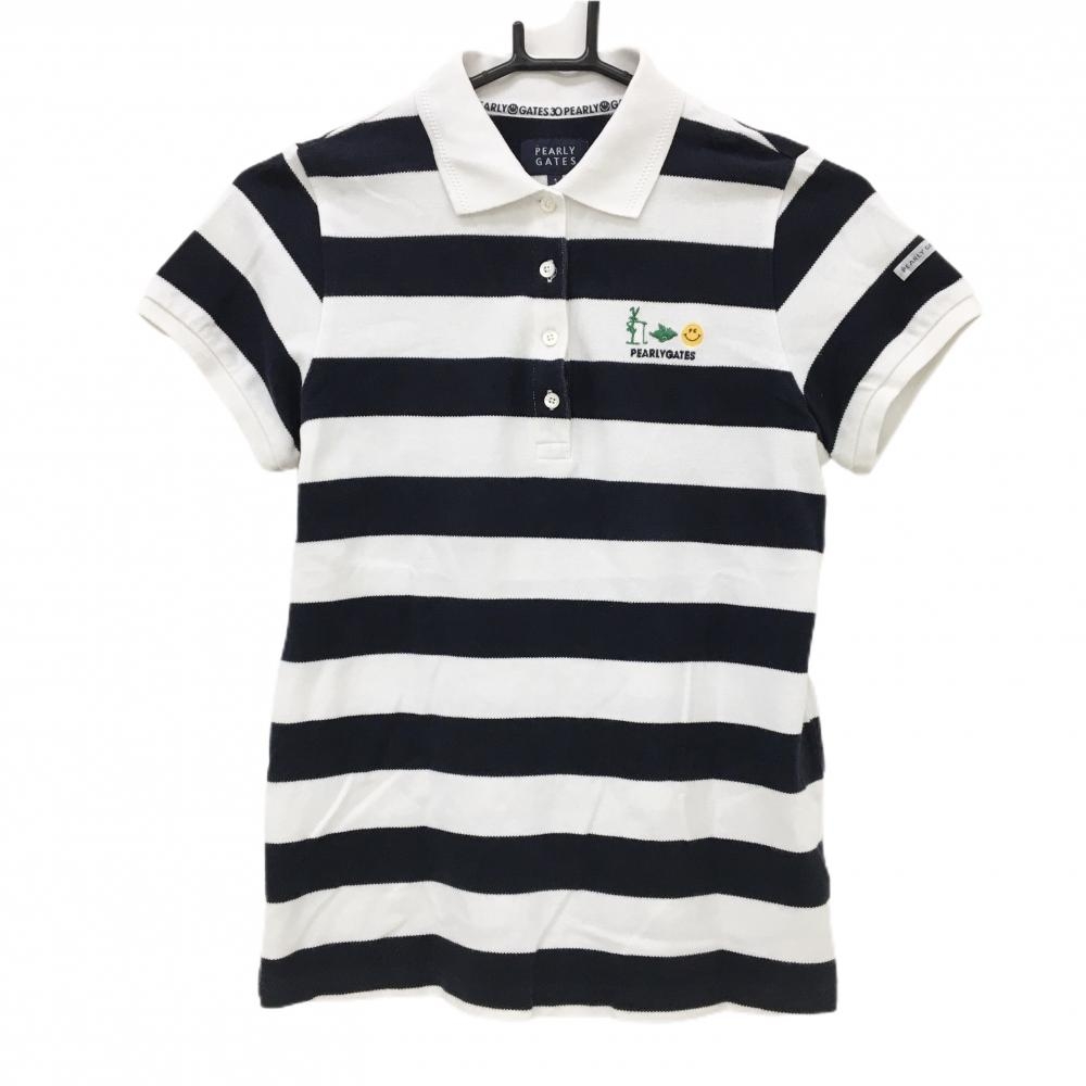 パーリーゲイツ 半袖ポロシャツ ネイビー×白 太ボーダー ニコちゃん スマイル 30周年 レディース 1(M) ゴルフウェア PEARLY GATES