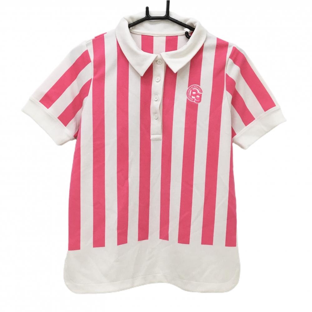 【美品】パーリーゲイツ 半袖ポロシャツ 白×蛍光ピンク 太ストライプ レディース 1(M) ゴルフウェア PEARLY GATES