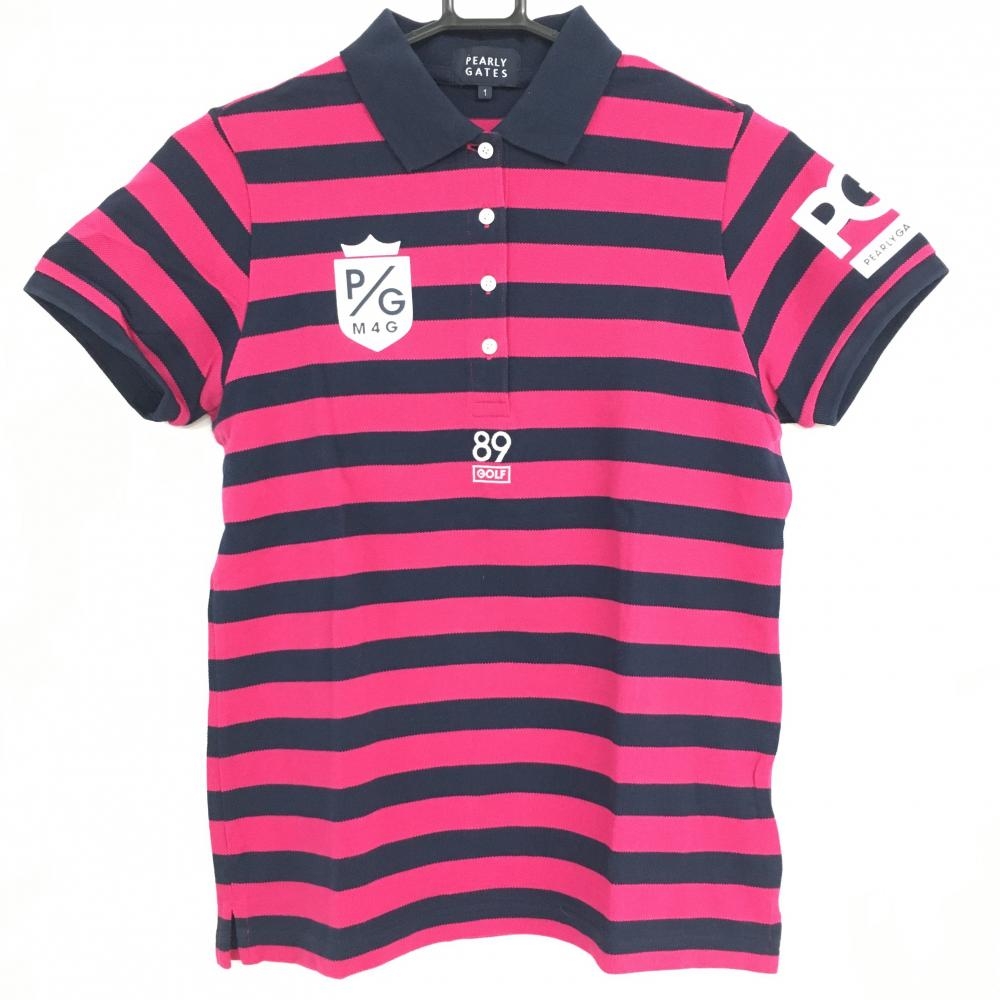 パーリーゲイツ 半袖ポロシャツ ネイビー×ピンク ボーダー レディース 1(M) ゴルフウェア PEARLY GATES