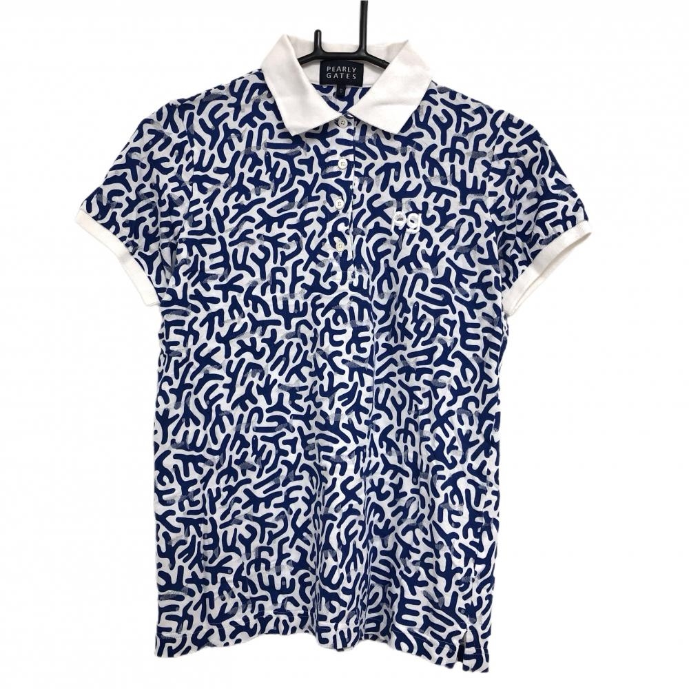 【超美品】パーリーゲイツ 半袖ポロシャツ 白×ブルー 総柄 レディース 0(S) ゴルフウェア PEARLY GATES