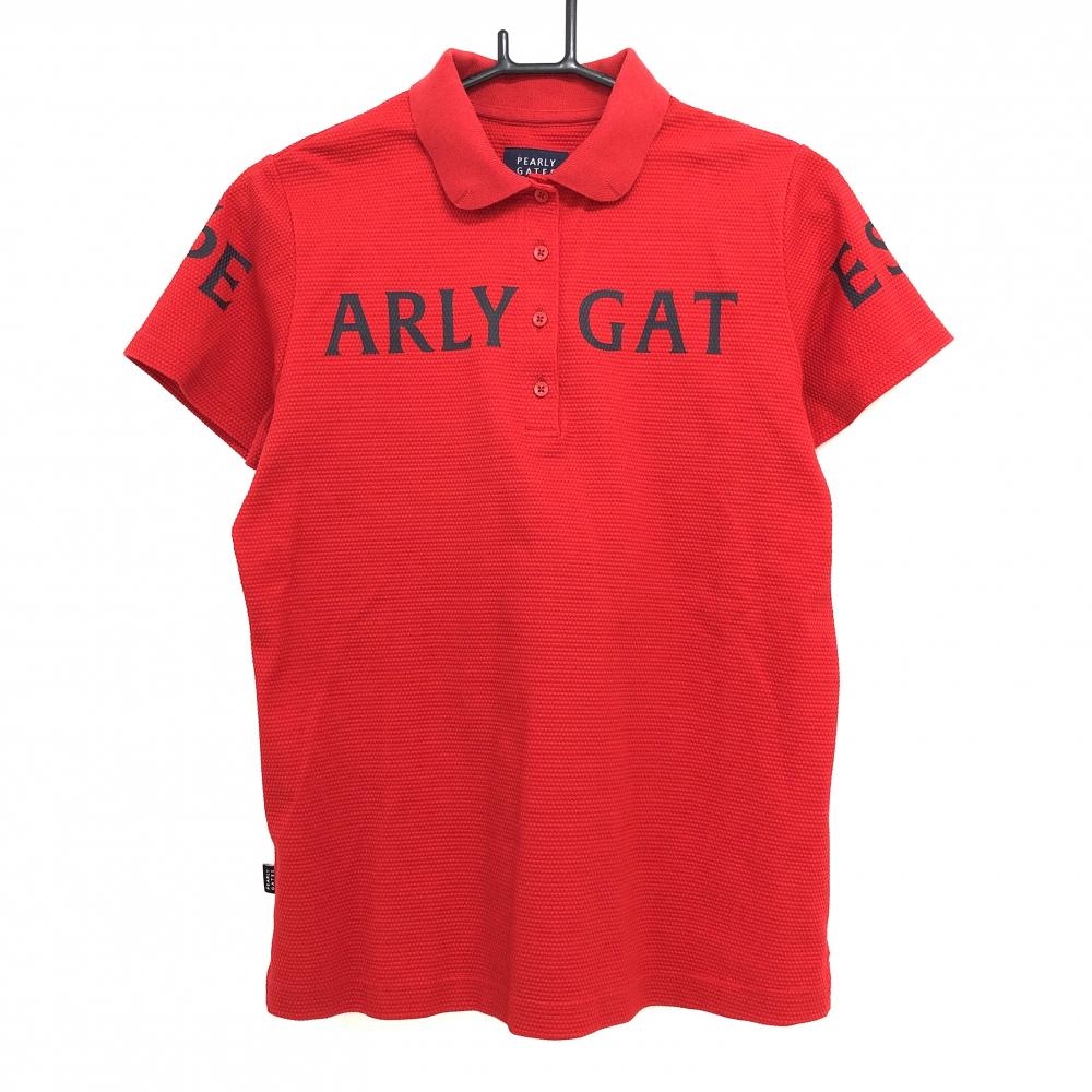 【超美品】パーリーゲイツ 半袖ポロシャツ レッド 地模様 ロゴ黒 レディース 2(L) ゴルフウェア PEARLY GATES