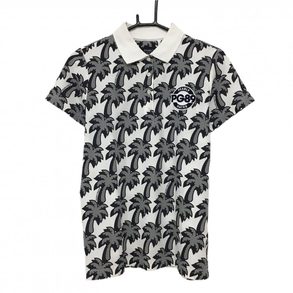 パーリーゲイツ 半袖ポロシャツ 白×ネイビー ヤシの木柄  レディース 2(L) ゴルフウェア PEARLY GATES