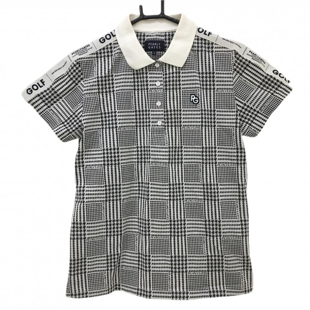 【美品】パーリーゲイツ 半袖ポロシャツ 白×黒 グレンチェック 肩ロゴ レディース 2(L) ゴルフウェア PEARLY GATES