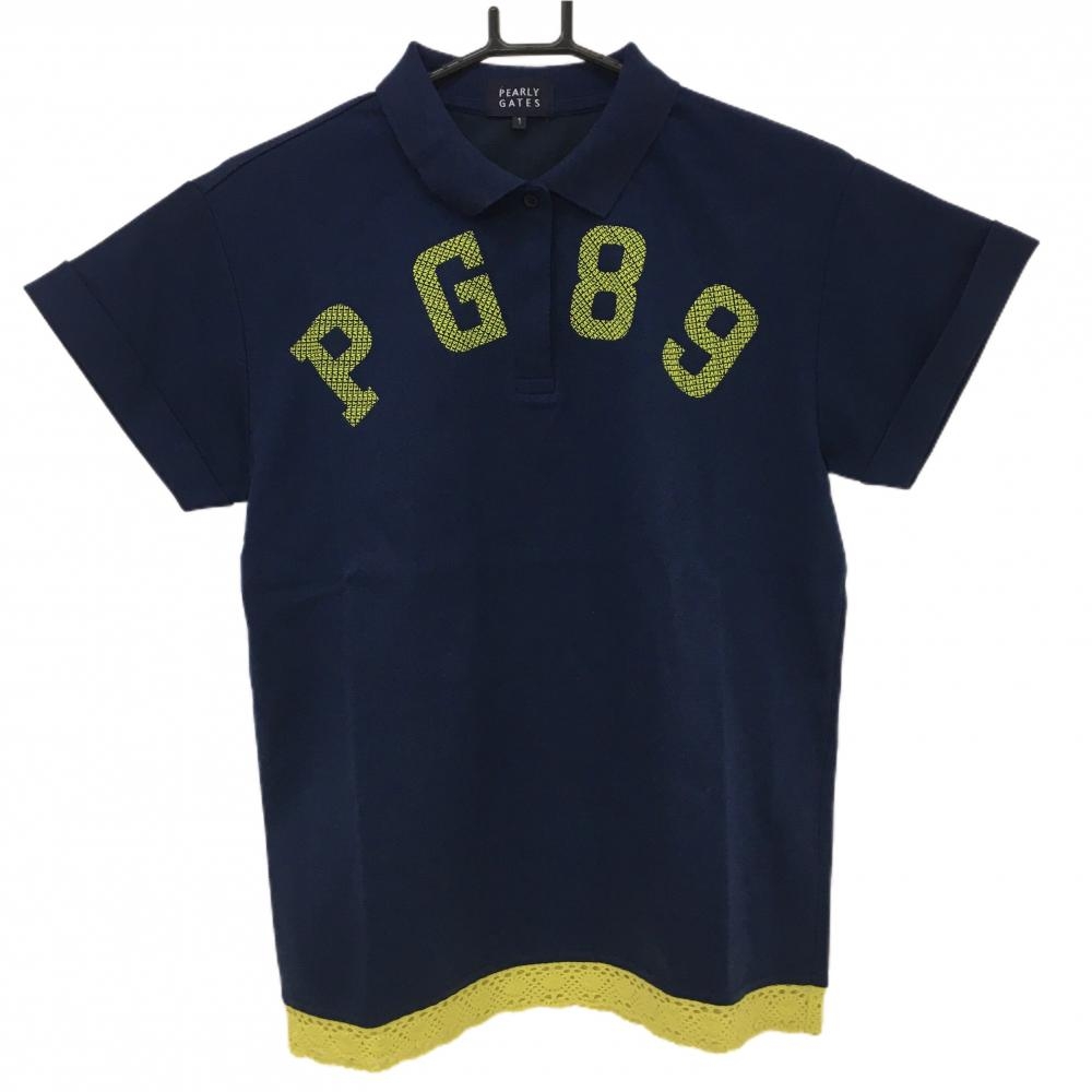 【超美品】パーリーゲイツ 半袖ポロシャツ ネイビー×イエロー 裾レース レディース 1(M) ゴルフウェア PEARLY GATES