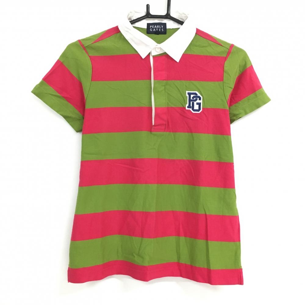 【美品】パーリーゲイツ 半袖ポロシャツ ライトグリーン×ピンク ボーダー 襟裏ステッチ レディース 1(M) ゴルフウェア PEARLY GATES