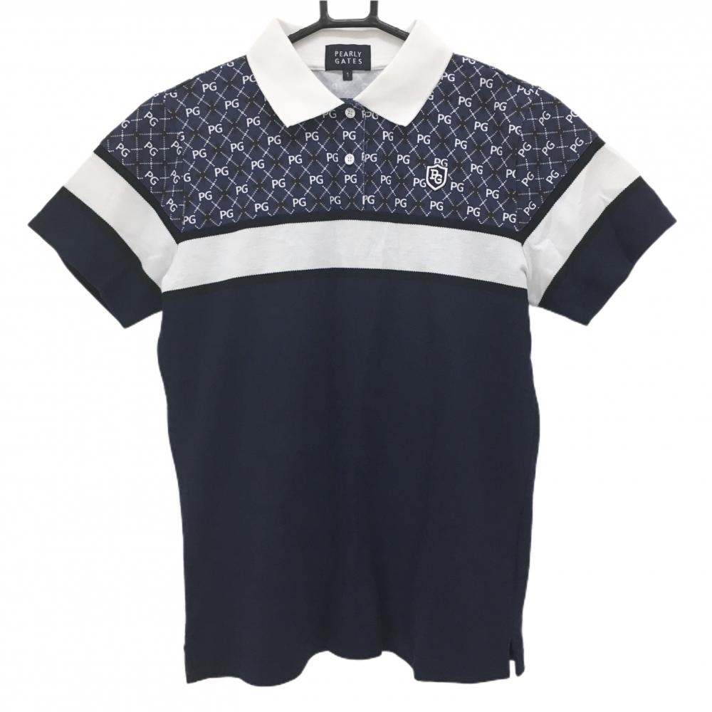 パーリーゲイツ 半袖ポロシャツ ネイビー×白 上部ロゴ総柄 レディース 1(M) ゴルフウェア PEARLY GATES