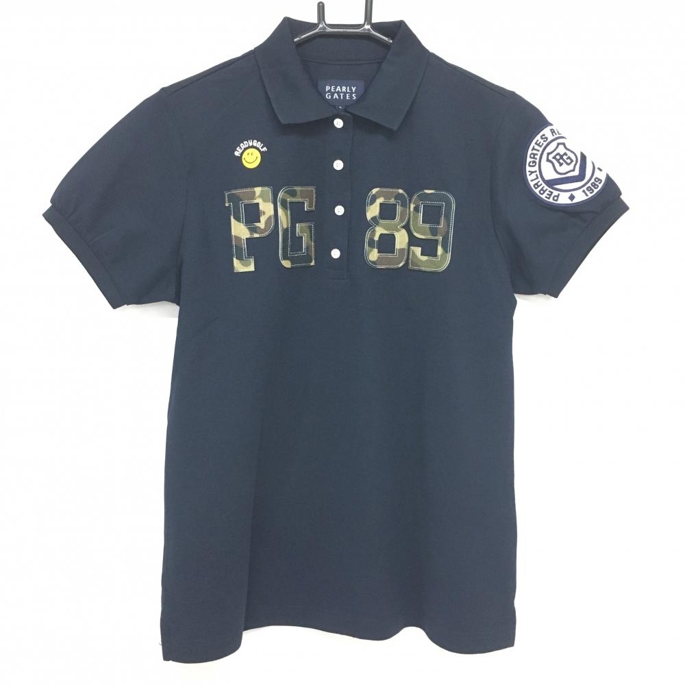 【超美品】パーリーゲイツ 半袖ポロシャツ ダークネイビー ロゴ迷彩 ニコちゃん スマイル  レディース 2(L) ゴルフウェア PEARLY GATES