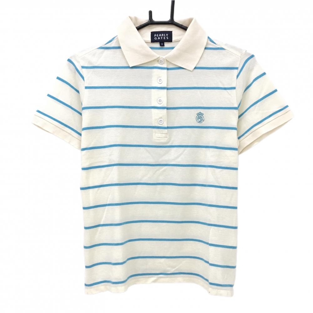 【美品】パーリーゲイツ 半袖ポロシャツ ライトベージュ×ライトブルー ボーダー レディース 2(L) ゴルフウェア PEARLY GATES