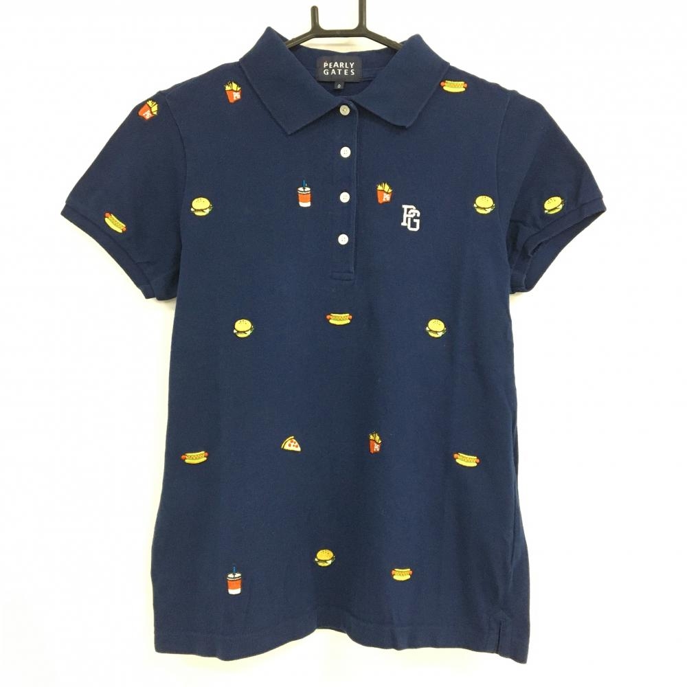 【美品】パーリーゲイツ 半袖ポロシャツ ネイビー×イエロー フード総柄刺しゅう  レディース 0(Ｓ) ゴルフウェア PEARLY GATES