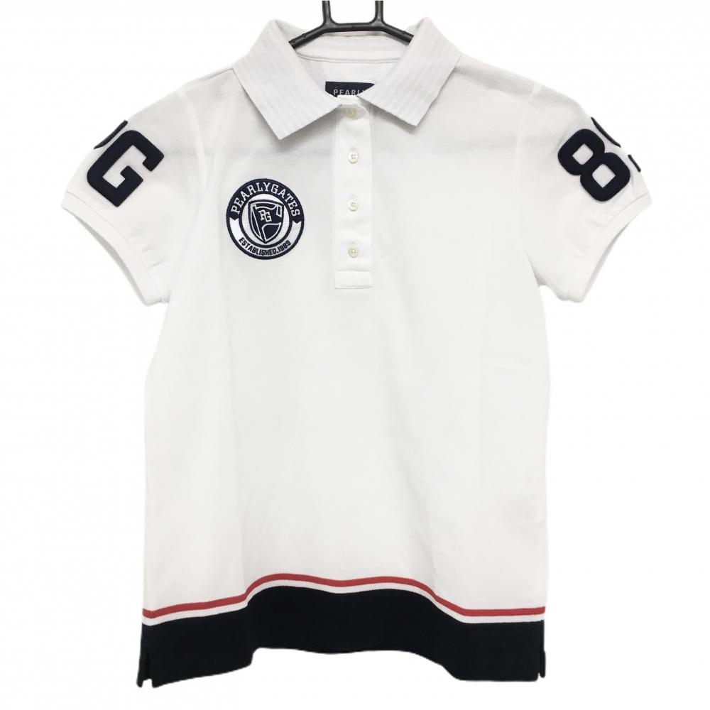 【超美品】パーリーゲイツ 半袖ポロシャツ 白×ネイビー 襟裏ボーダー フェルトワッペン レディース 0(S) ゴルフウェア PEARLY GATES