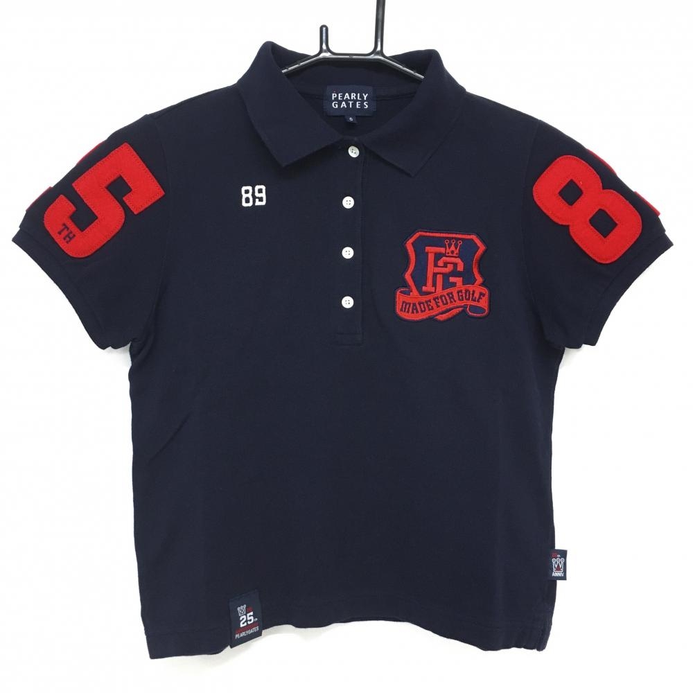 【美品】パーリーゲイツ 半袖ポロシャツ ダークネイビー×レッド 25周年 フェルトワッペン レディース 0(S) ゴルフウェア PEARLY GATES