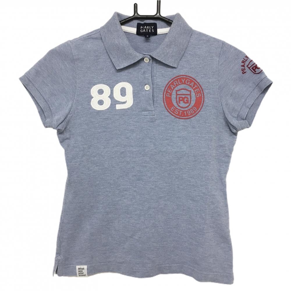 【美品】パーリーゲイツ 半袖ポロシャツ 杢ライトブルー×レッド コットン100％ バックロゴ レディース 0(S) ゴルフウェア PEARLY GATES
