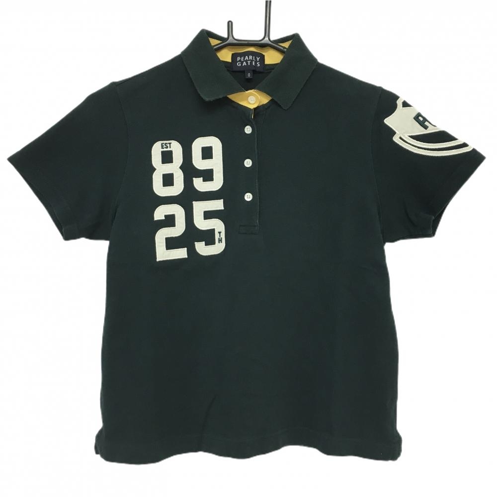 【美品】パーリーゲイツ 半袖ポロシャツ ダークグリーン×白 襟裏バイカラー コットン100％ レディース 0(S) ゴルフウェア PEARLY GATES
