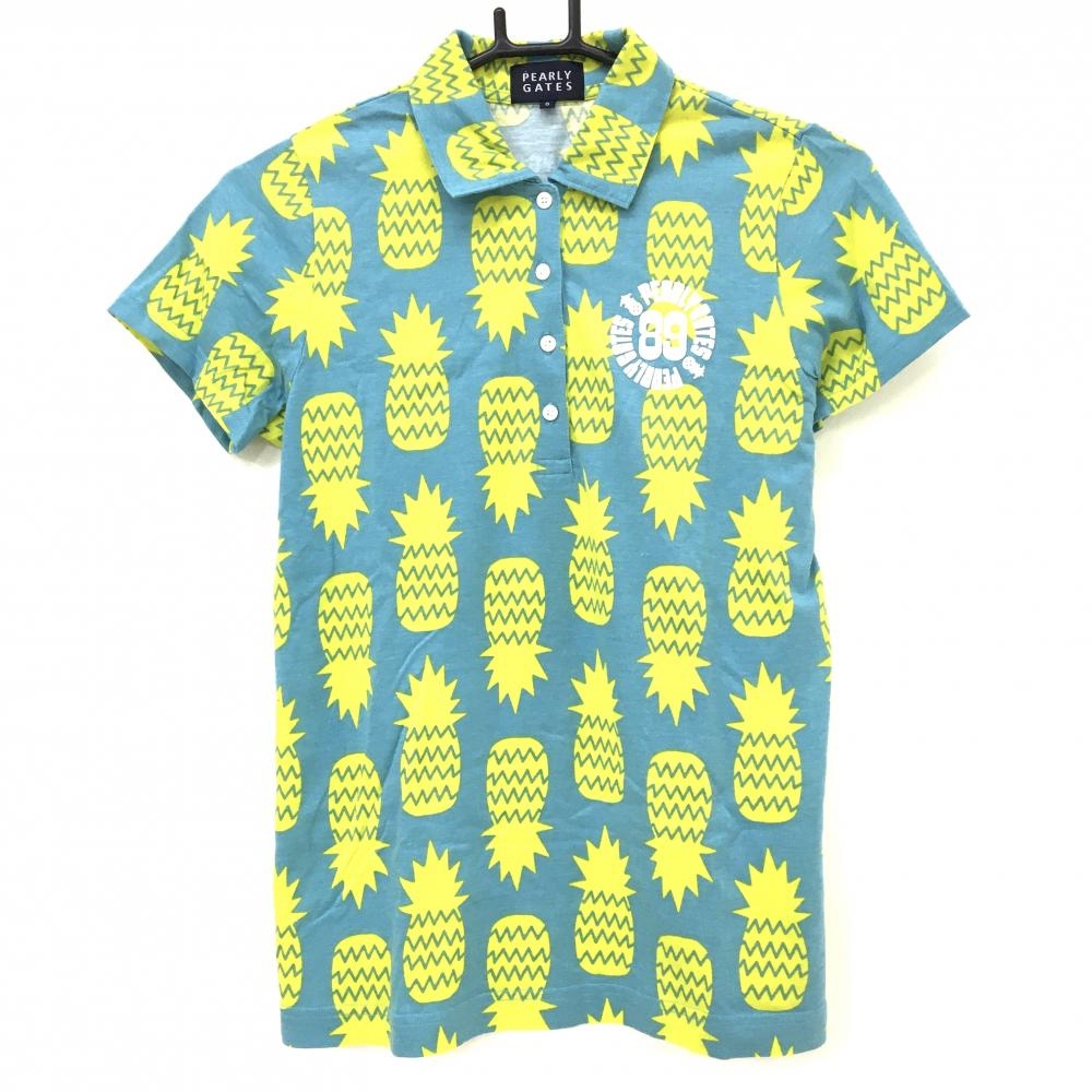【美品】パーリーゲイツ 半袖ポロシャツ ブルー系×イエロー パイナップル総柄 レディース 0(S) ゴルフウェア PEARLY GATES