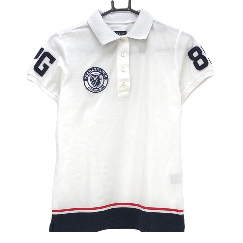 パーリーゲイツ 半袖ポロシャツ 白×ネイビー 襟裏ボーダー ワッペン レディース 1(M) ゴルフウェア PEARLY GATES